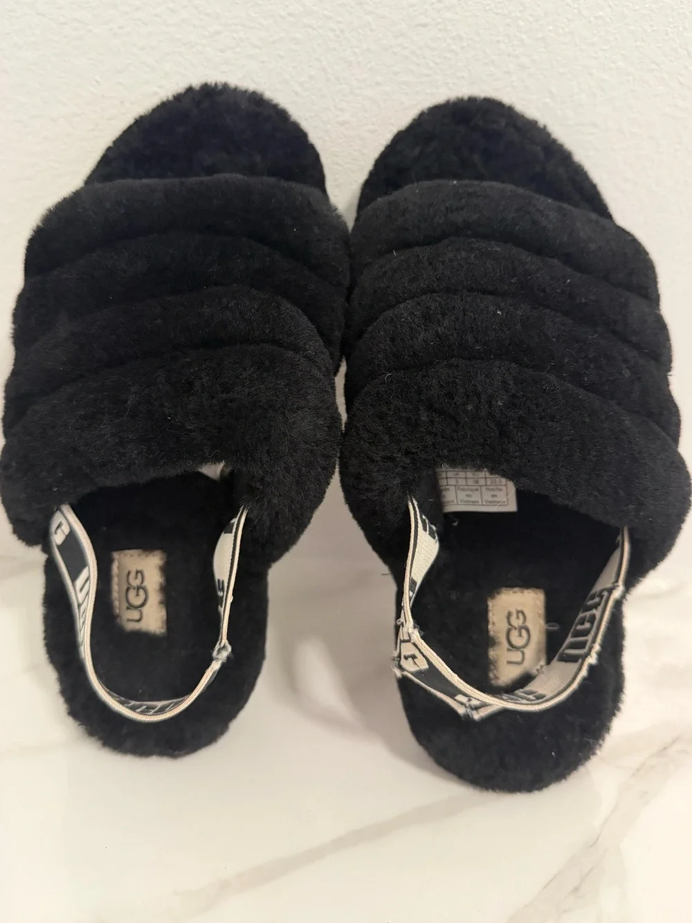 Ugg Fluff Yeah slide slippers black logo strap size 4